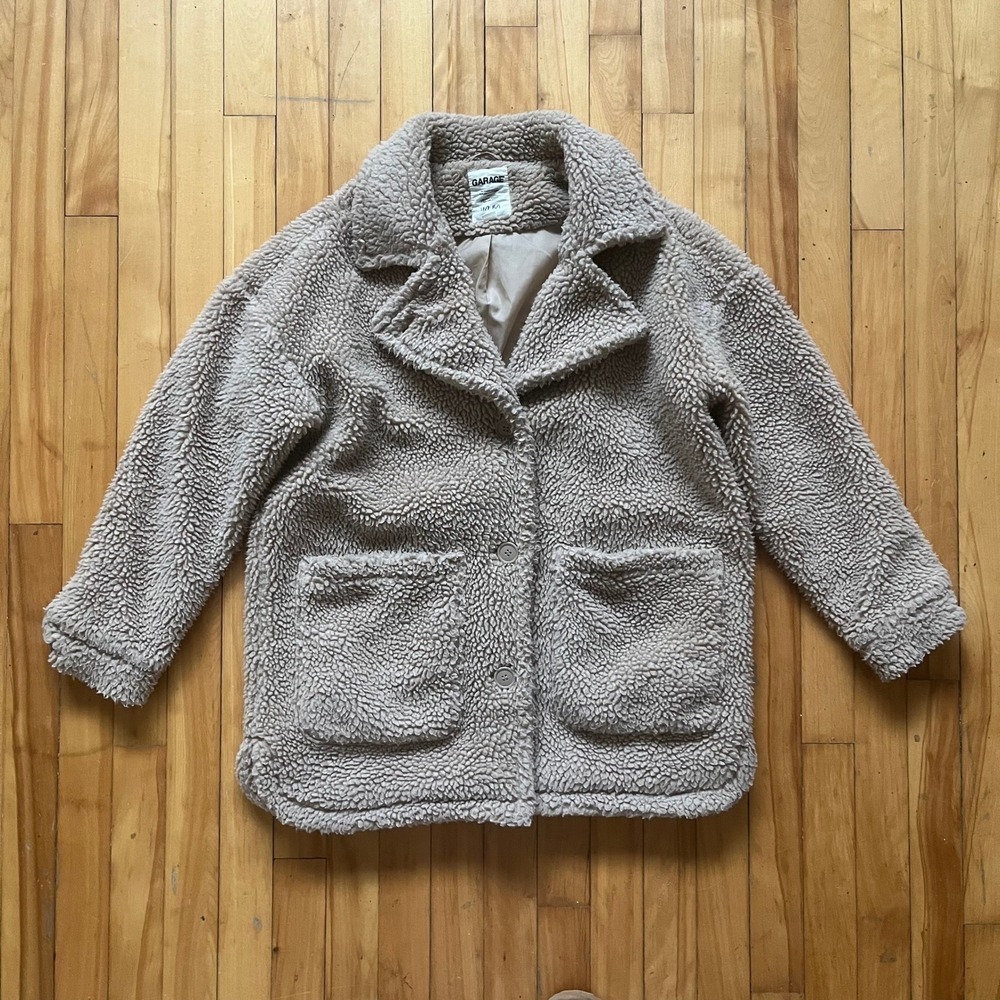 GARAGE Teddy Coat Faux Fur Sherpa Oversized Tan Brown Button Front Pockets XS/S
